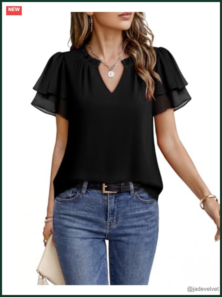 Womens Summer Dressy Casual Short Sleeve Chiffon Blouse V Neck Business Work